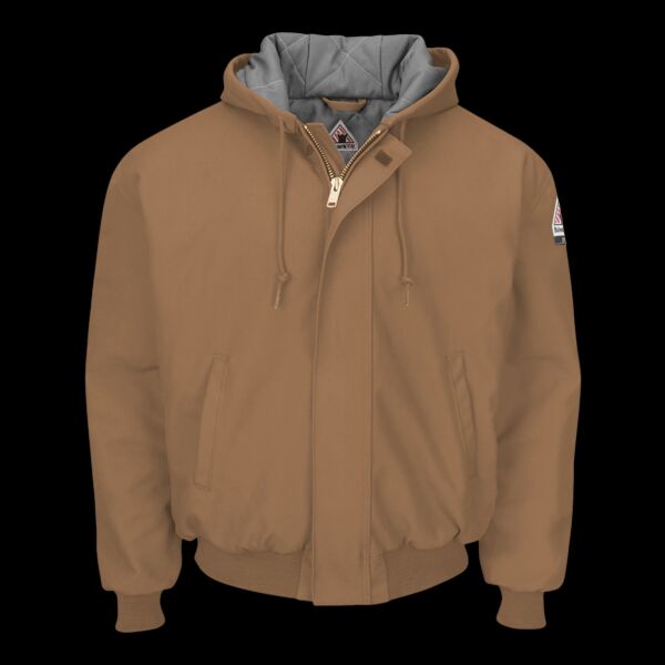 Men's Insulated Brown Duck Hooded Jacket with Knit Trim Thumbnail